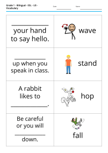 Grade 1 ESL Vocabulary Worksheet: Actions & Body Parts