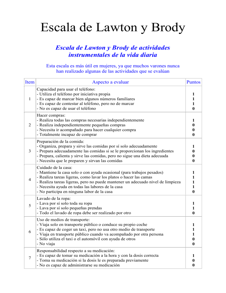 Escala IADL De Lawton Brody Evaluaci n De Habilidades Diarias Escala IADL De Lawton Brody Evaluaci n De Habilidades Diarias