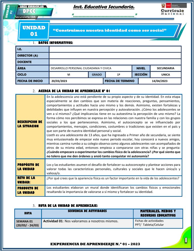 Unidad de Aprendizaje: Identidad y Adolescencia - Secundaria