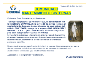 Mantenimiento Cisternas COR TOWER: Comunicado a Residentes