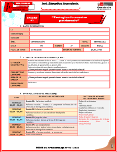 Plan Unidad Aprendizaje Comunicación 3º Secundaria - Patrimonio