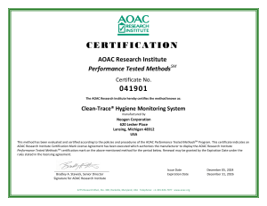 Clean-Trace Hygiene Monitoring System AOAC Certification