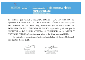 Certificado Capacitación Ley Micaela - Ricardo Ponce - Córdoba 2021