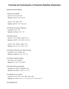 F&oacute;rmulas de Factorizaci&oacute;n y Productos Notables (Gu&iacute;a)