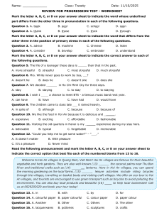 English Progression Test Review Worksheet - Pronunciation, Grammar