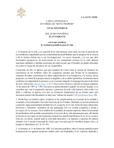 Carta Apost&oacute;lica Vitae Mysterium: Academia Pontificia para la Vida