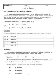 Ficha Matem&aacute;ticas 1&ordm; ESO: &Aacute;lgebra y Valor Num&eacute;rico