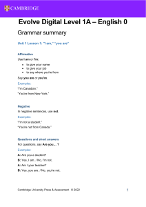 Evolve Digital Level 1A English 0 Grammar Summary
